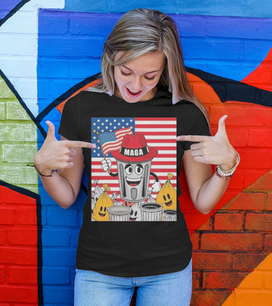 MAGA Trash Can Cartoon Trump Supporter With Flag Patriotic T-Shirt