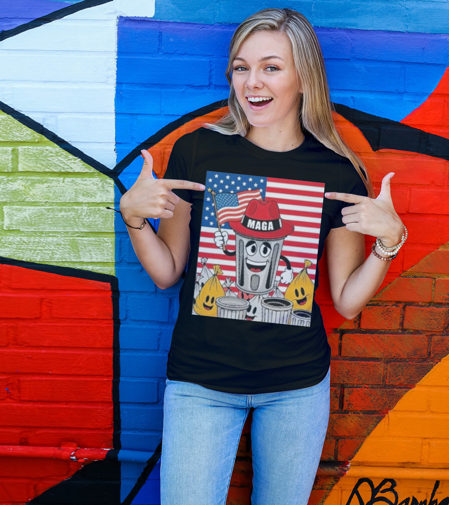 MAGA Trash Can Cartoon Trump Supporter With Flag Patriotic T-Shirt