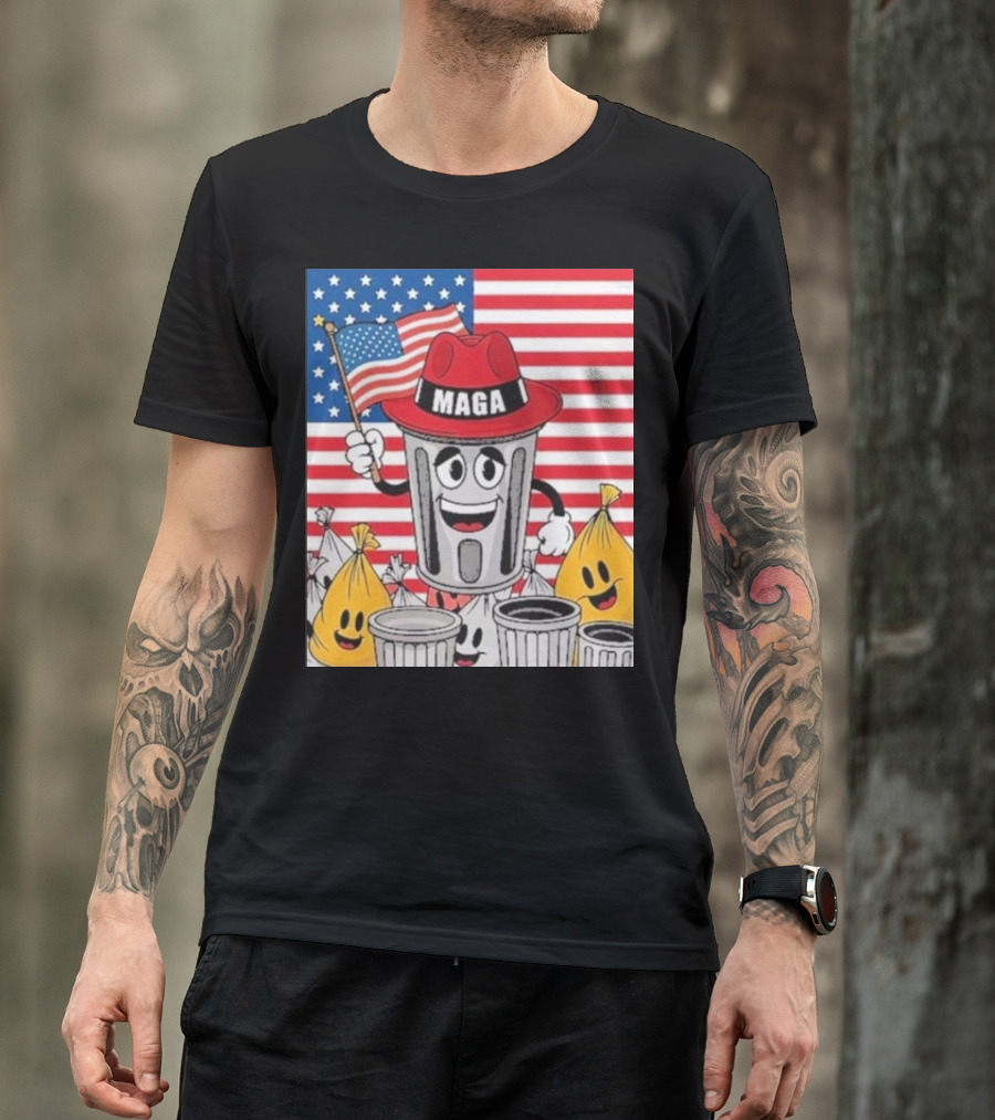 MAGA Trash Can Cartoon Trump Supporter With Flag Patriotic T-Shirt