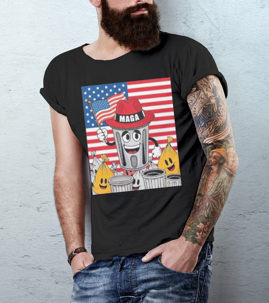 MAGA Trash Can Cartoon Trump Supporter With Flag Patriotic T-Shirt