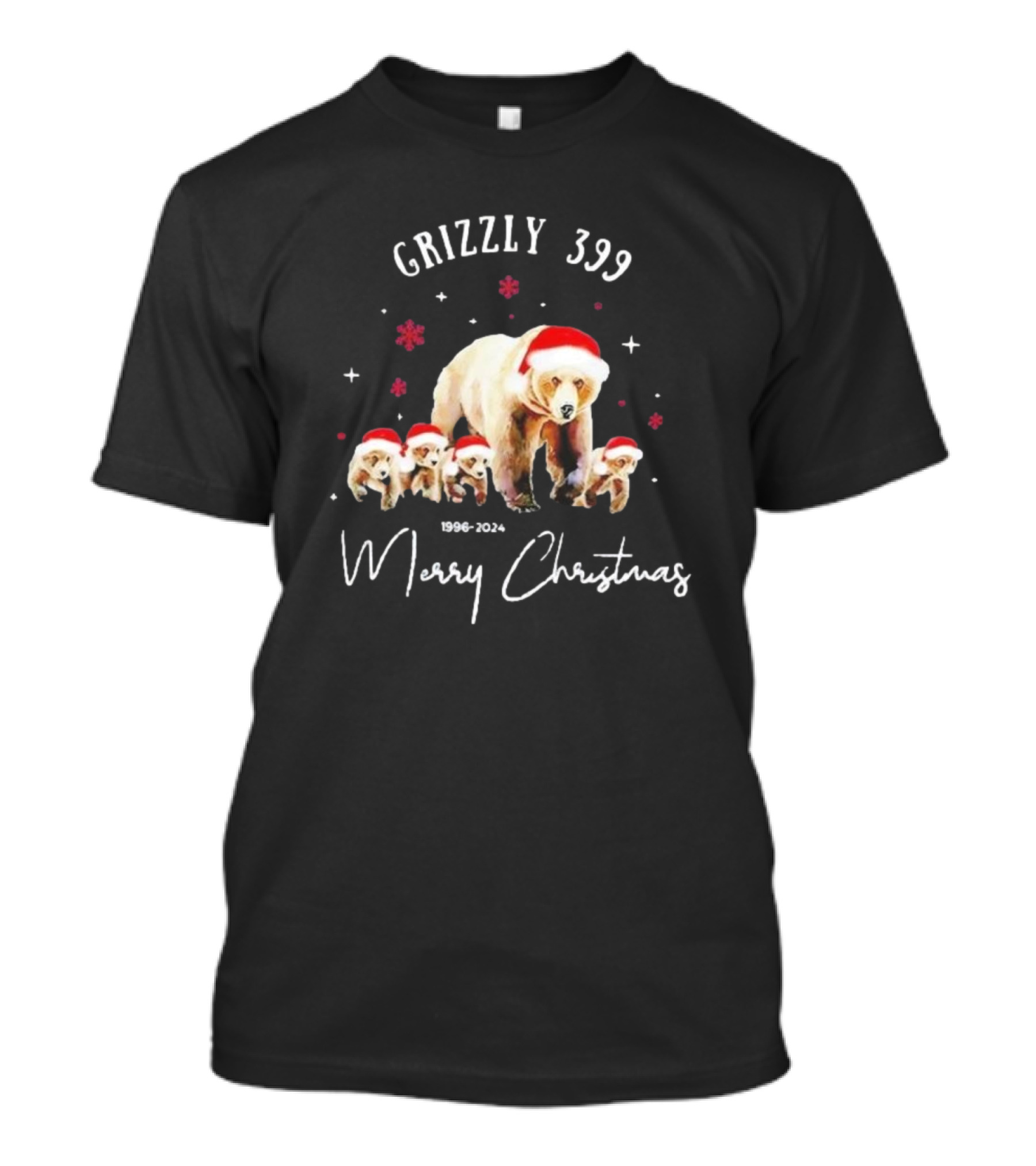 Grizzly 399 1996-2024 Merry Christmas With Santa Hat Bear And Cubs T-Shirt