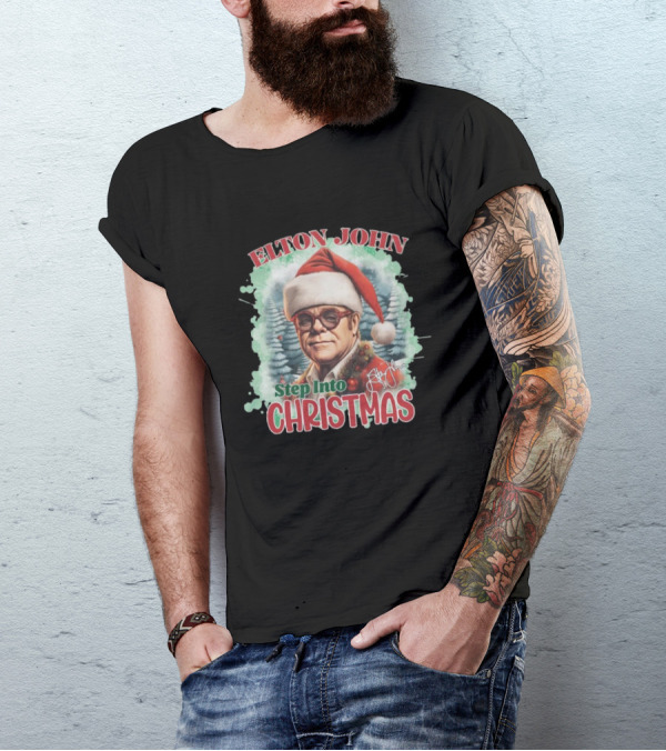Elton John Step Into Christmas Signature 2024 Holiday Santa Hat Edition T-Shirt