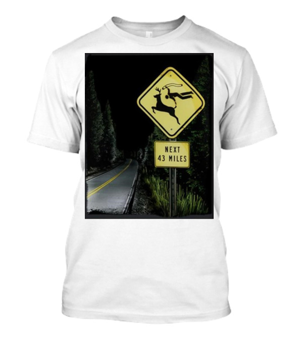 Gamersupps Deer Dive Next 43 Miles Warning Sign Forest Road Scene T-Shirt