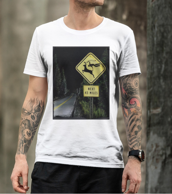 Gamersupps Deer Dive Next 43 Miles Warning Sign Forest Road Scene T-Shirt