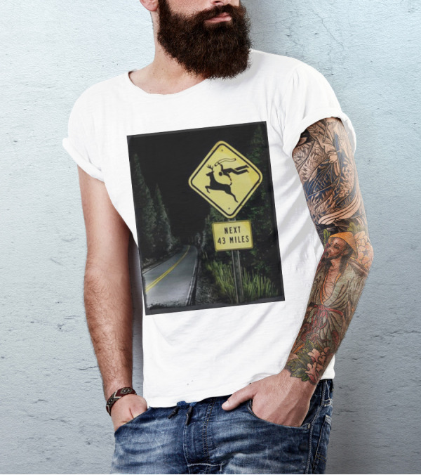 Gamersupps Deer Dive Next 43 Miles Warning Sign Forest Road Scene T-Shirt