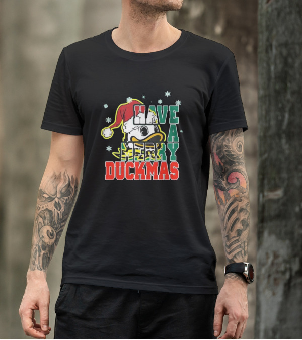Oregon Ducks Have A Merry Duckmas Santa Hat Logo Snowflakes T-Shirt