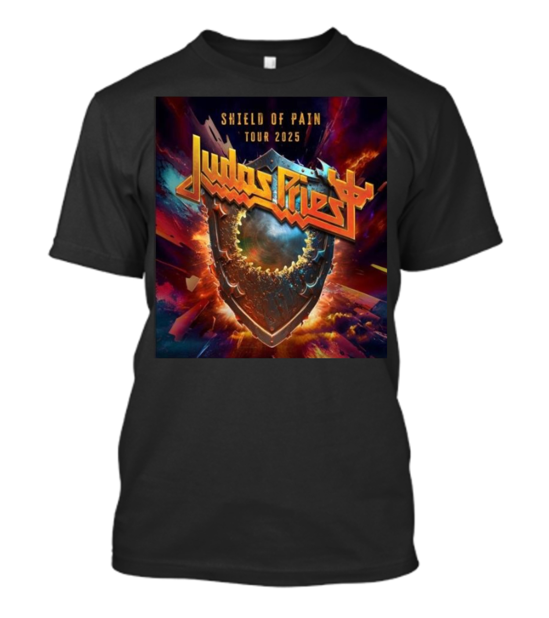 Judas Priest Shield Of Pain Tour 2025 Epic Cosmic Shield和炎火背景 T-Shirt