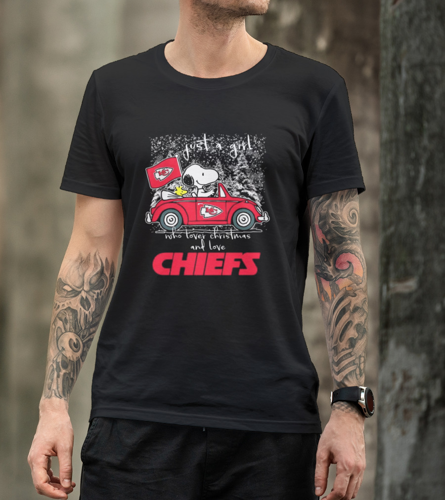 Snoopy Woodstock Peanuts Just A Girl Who Loves Christmas And Kansas City Chiefs T-Shirt