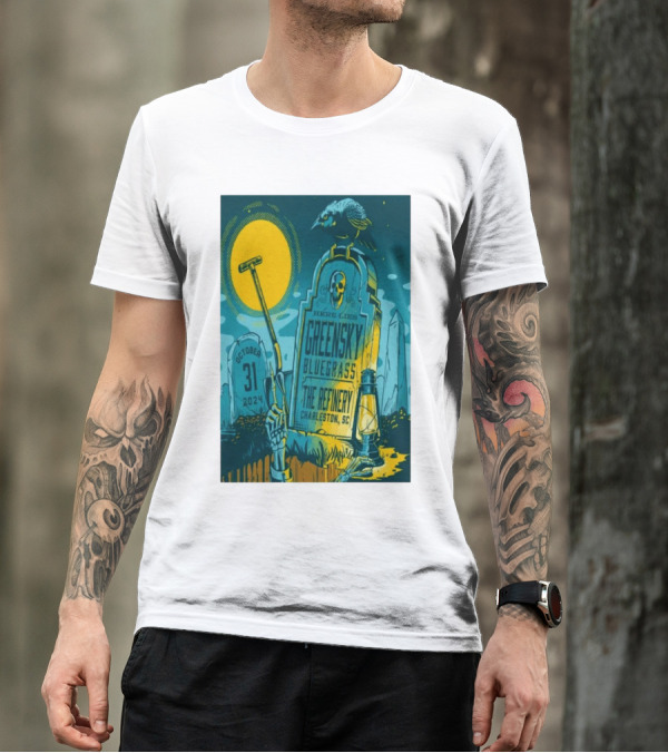 Greensky Bluegrass October 31 2024 The Refinery Charleston SC Tombstone Design Raven Moon Halloween T-Shirt