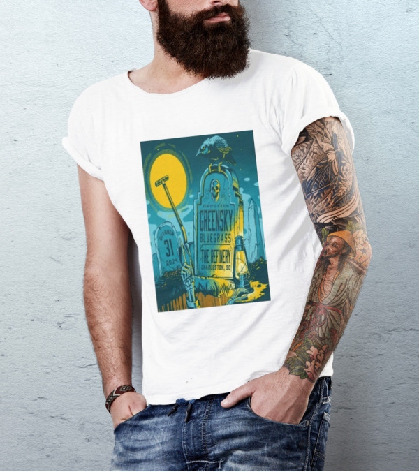 Greensky Bluegrass October 31 2024 The Refinery Charleston SC Tombstone Design Raven Moon Halloween T-Shirt