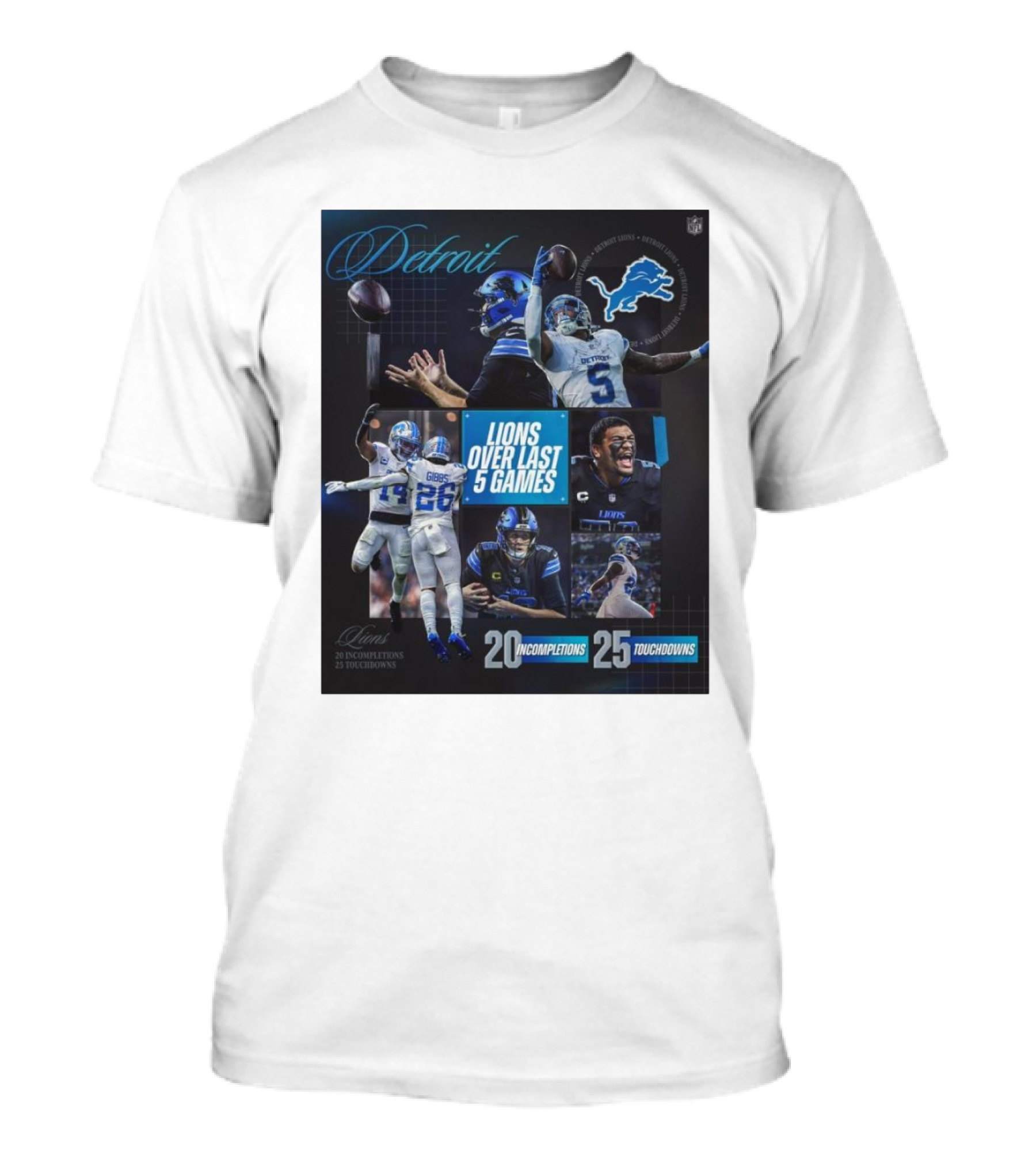 Detroit Lions Over Last 5 Games 20 Incompletions 25 Touchdowns NFL Football Highlights T-Shirt