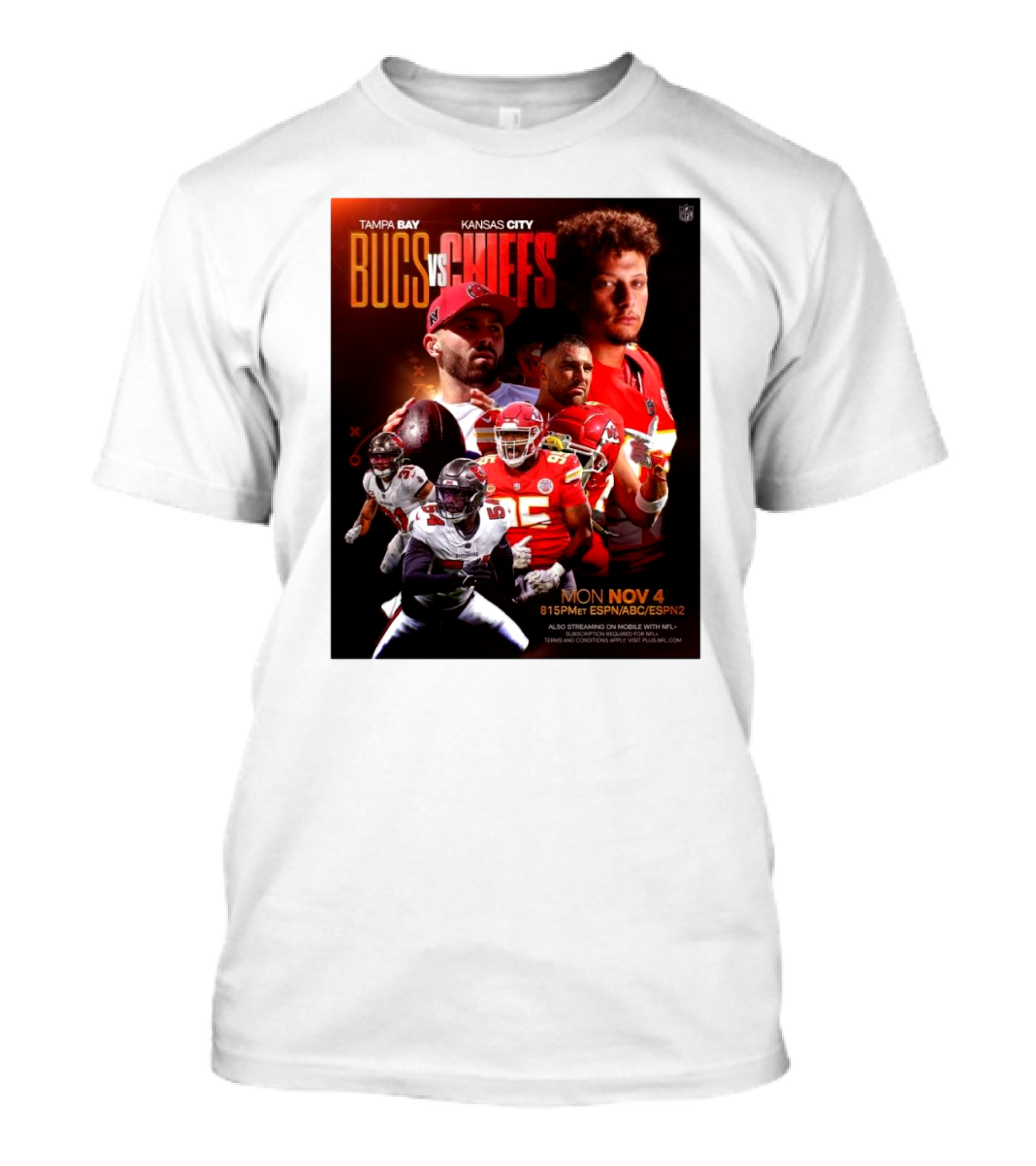 Tampa Bay Bucs Vs Kansas City Chiefs Monday Night Football Nov 4 2024 8:15 PM ET ESPN ABC ESPN2 T-Shirt