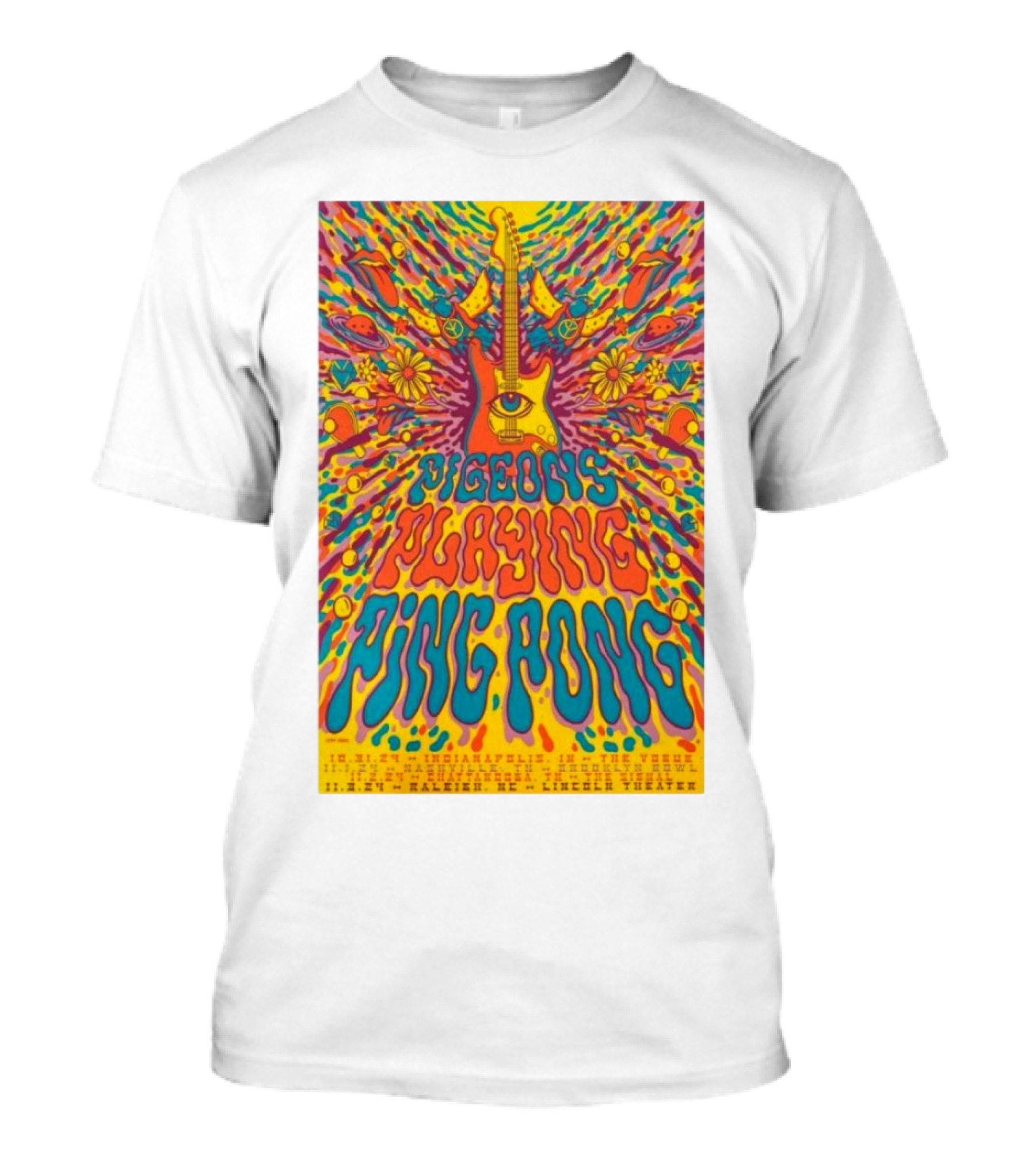 Pigeons Playing Ping Pong 2024 Halloween Run Tour Psychedelic Guitar Art With Flowers And Eye T-Shirt