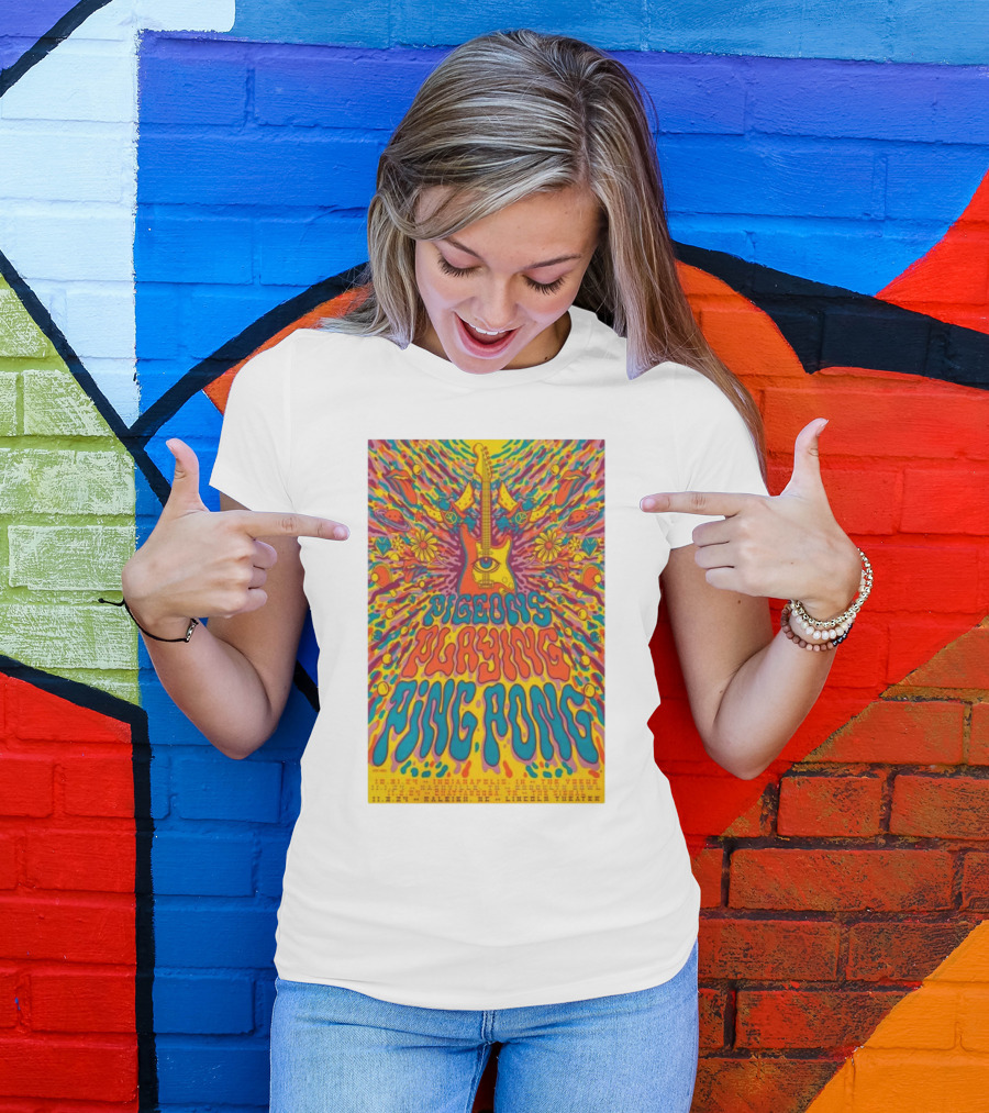 Pigeons Playing Ping Pong 2024 Halloween Run Tour Psychedelic Guitar Art With Flowers And Eye T-Shirt