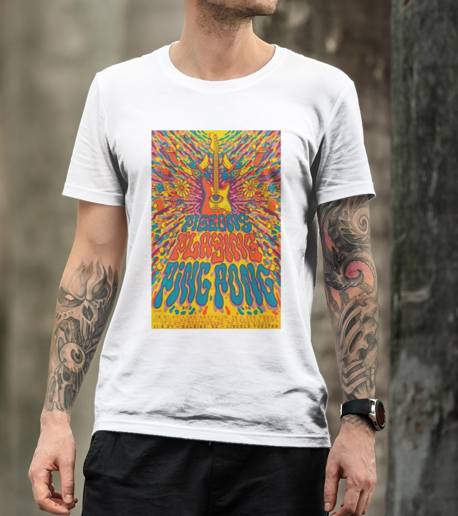 Pigeons Playing Ping Pong 2024 Halloween Run Tour Psychedelic Guitar Art With Flowers And Eye T-Shirt