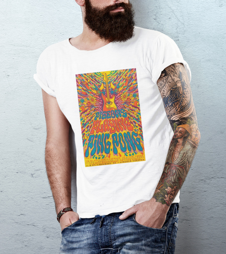 Pigeons Playing Ping Pong 2024 Halloween Run Tour Psychedelic Guitar Art With Flowers And Eye T-Shirt