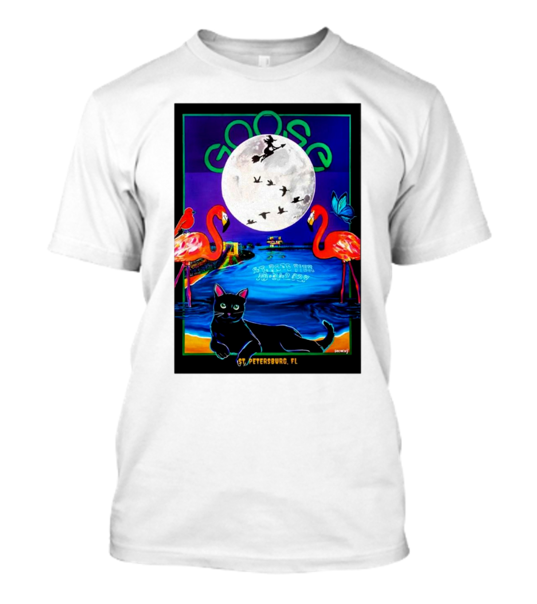 Goose Halloween Night Oct 31 2024 St Pete Pier St Petersburg FL Flamingos Moon Cat T-Shirt