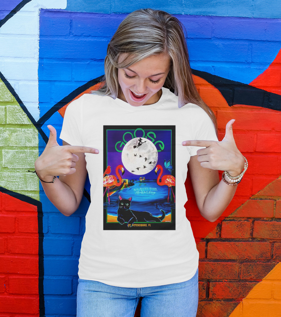 Goose Halloween Night Oct 31 2024 St Pete Pier St Petersburg FL Flamingos Moon Cat T-Shirt