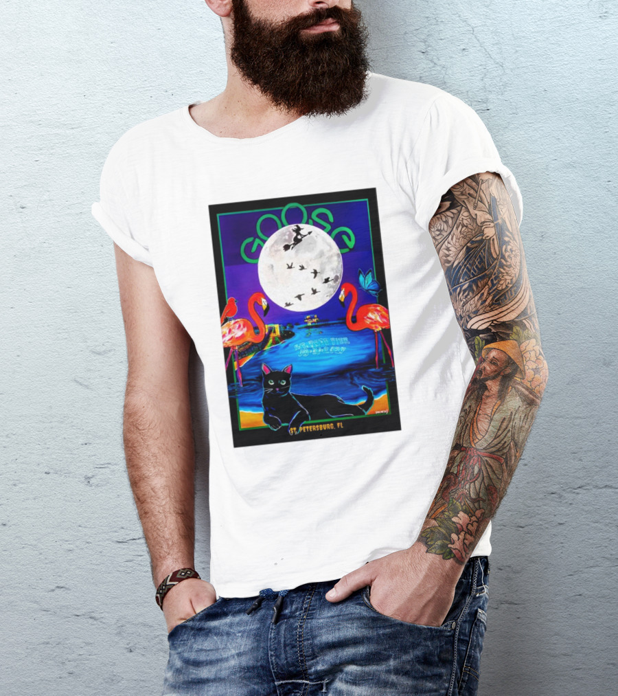 Goose Halloween Night Oct 31 2024 St Pete Pier St Petersburg FL Flamingos Moon Cat T-Shirt