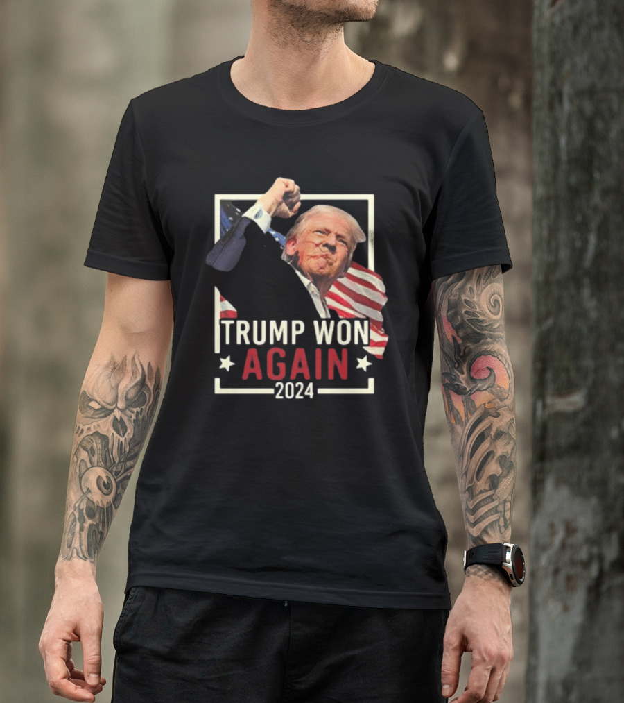 Trump Won Again 2024 Fight Vintage Style Fist Raised USA Flag T-Shirt