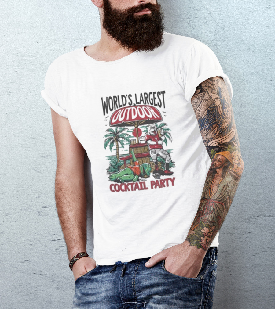 World’s Largest Outdoor Cocktail Party 2024 Bulldog And Gator Beach Scene T-Shirt