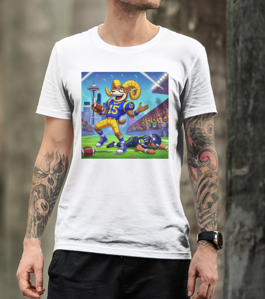Los Angeles Rams Mascot Victorious Over Seattle Seahawks In Football Battle T-Shirt