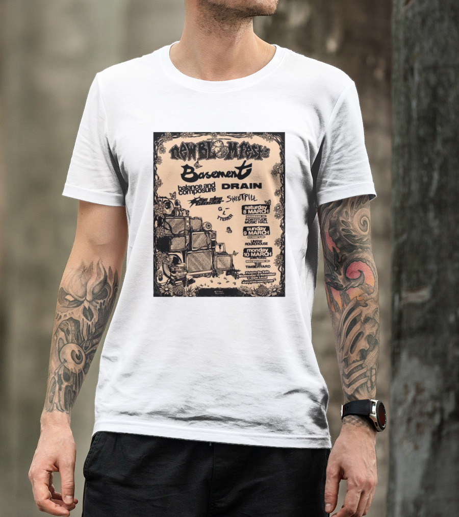 New Bloom Fest 2025 Basement Balance And Composure Drain Turnover Live Concert March 8-10 T-Shirt