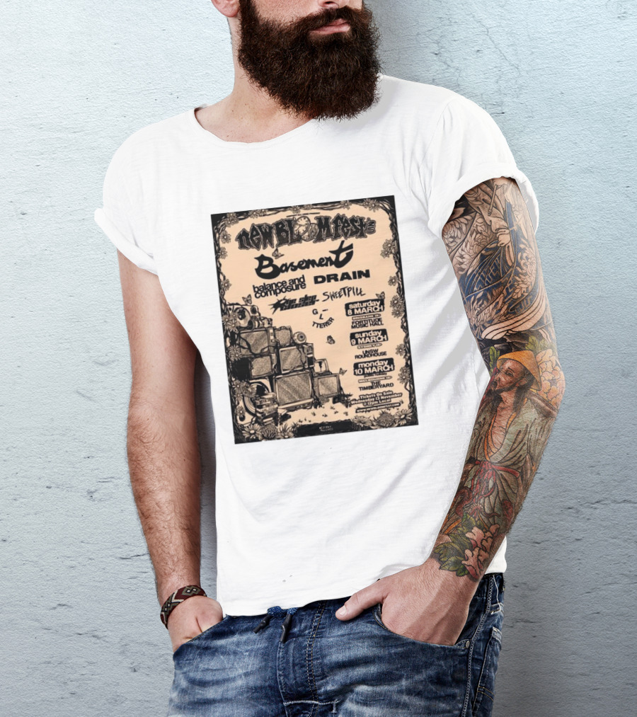 New Bloom Fest 2025 Basement Balance And Composure Drain Turnover Live Concert March 8-10 T-Shirt