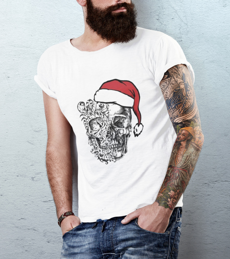 Skulls And Bodies Christmas With Santa Hat Humor T-Shirt