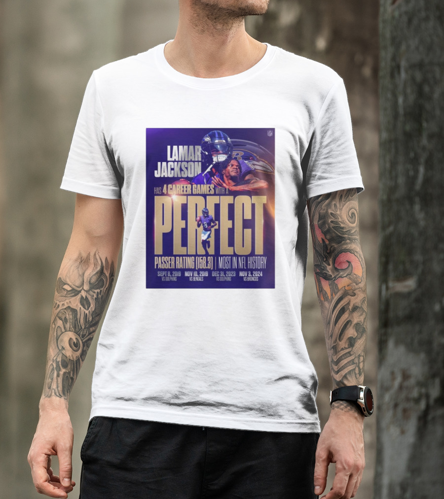Lamar Jackson Baltimore Ravens Perfect Passer Rating Most In NFL History 4 Career Games Vs Dolphins Bengals Broncos T-Shirt