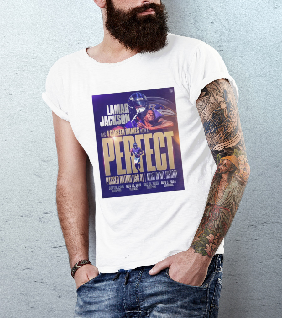 Lamar Jackson Baltimore Ravens Perfect Passer Rating Most In NFL History 4 Career Games Vs Dolphins Bengals Broncos T-Shirt