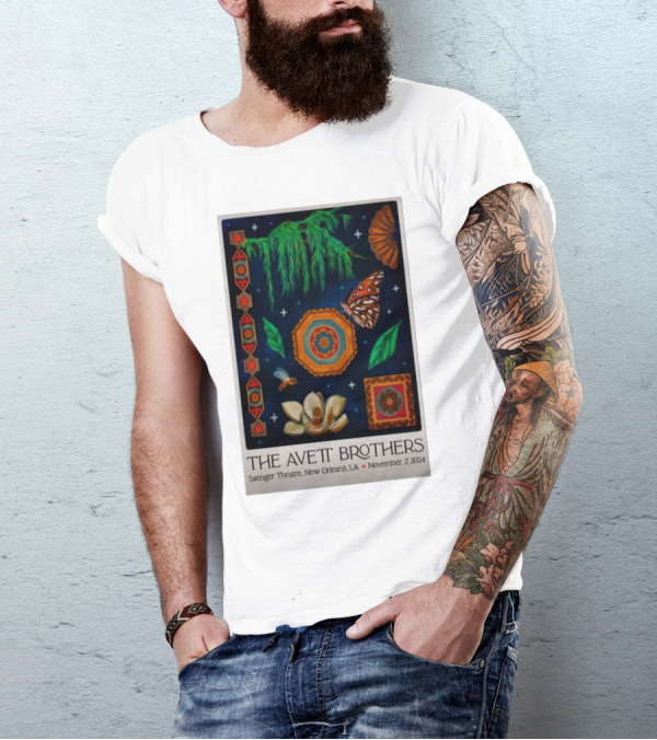 The Avett Brothers Saenger Theatre New Orleans November 7 2024 Tour Poster With Butterfly And Magnolia Elements T-Shirt