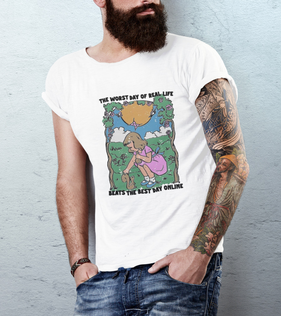 The Worst Day Of Real Life Beats The Best Day Online Vintage Illustration With Girl And Puppy T-Shirt