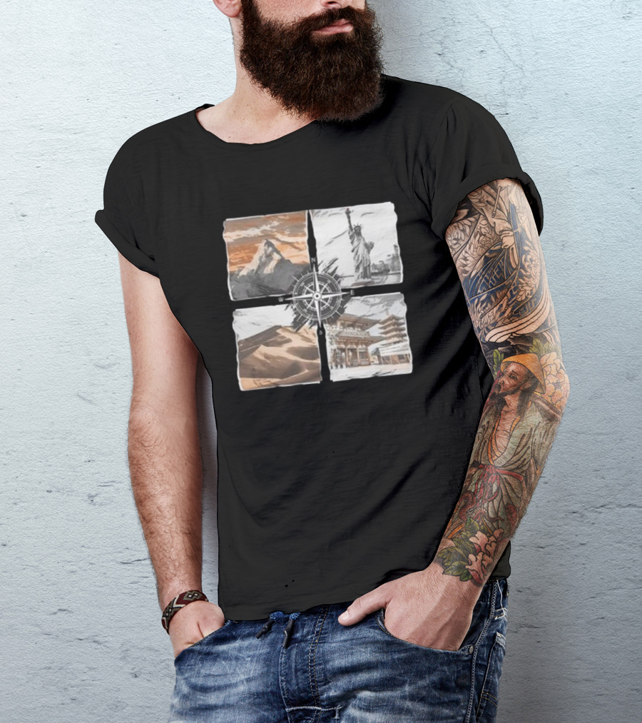 Dads Being Dudes Live Your Life Vintage Mountain Dunes Statue Of Liberty Pagoda Compass T-Shirt