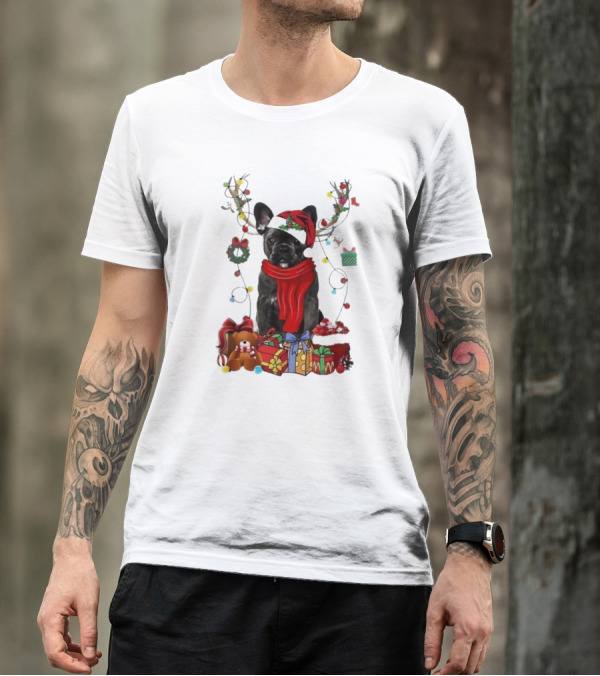 French Bulldog With Santa Hat Reindeer Antlers Xmas Lights And Gifts Merry Christmas T-Shirt