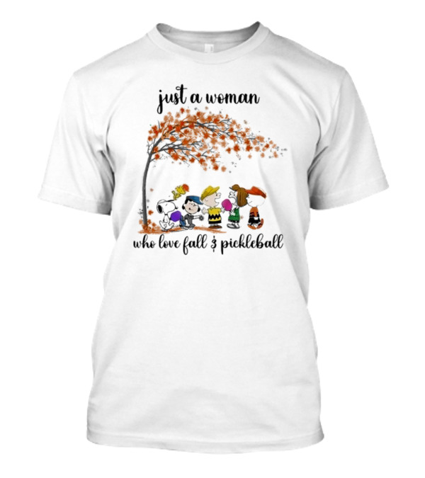 Snoopy Just A Woman Who Loves Fall And Pickleball 2024 Peanuts Characters Autumn Scene T-Shirt