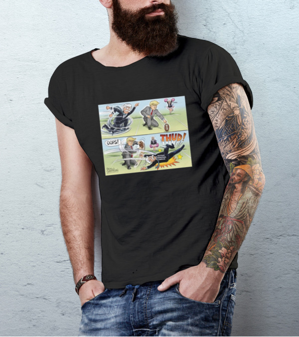 War Kickoff Cartoon John Bolton Donald Trump Oops Thud Military Industrial Complex T-Shirt