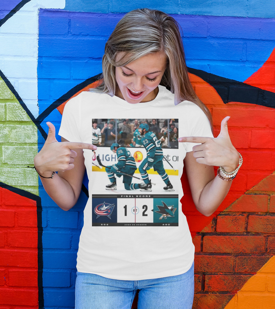 NHL Final Score Columbus Blue Jackets 1 San Jose Sharks 2 OT 2024-25 Season T-Shirt