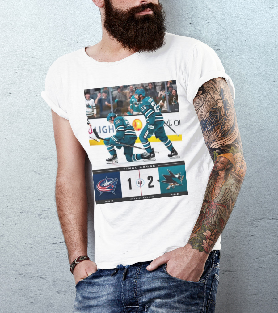 NHL Final Score Columbus Blue Jackets 1 San Jose Sharks 2 OT 2024-25 Season T-Shirt