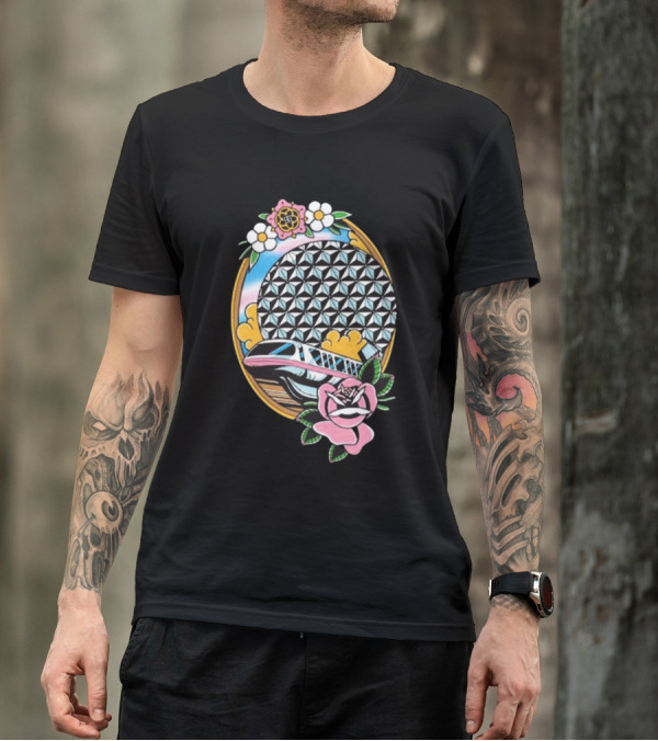 The Lost Bros Monorail Spaceship Earth Tattoo Style Floral T-Shirt