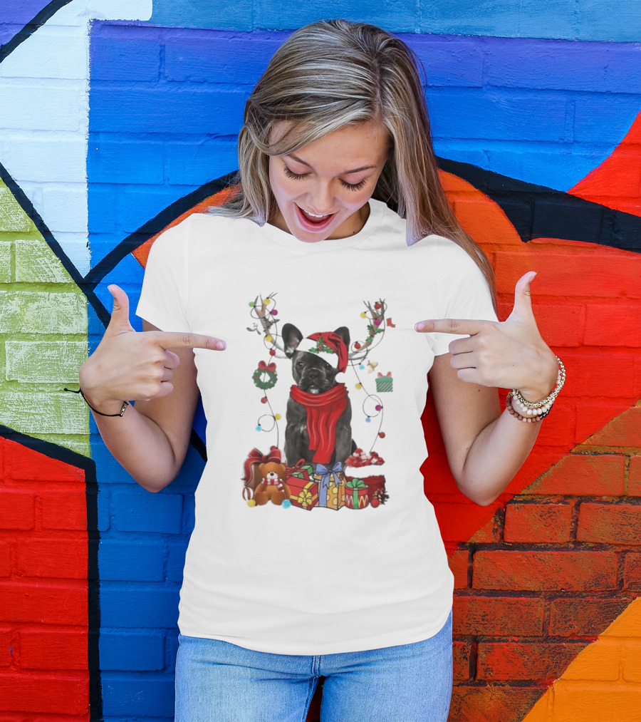 French Bulldog Reindeer Christmas Lights Merry Christmas Wreath Gifts T-Shirt