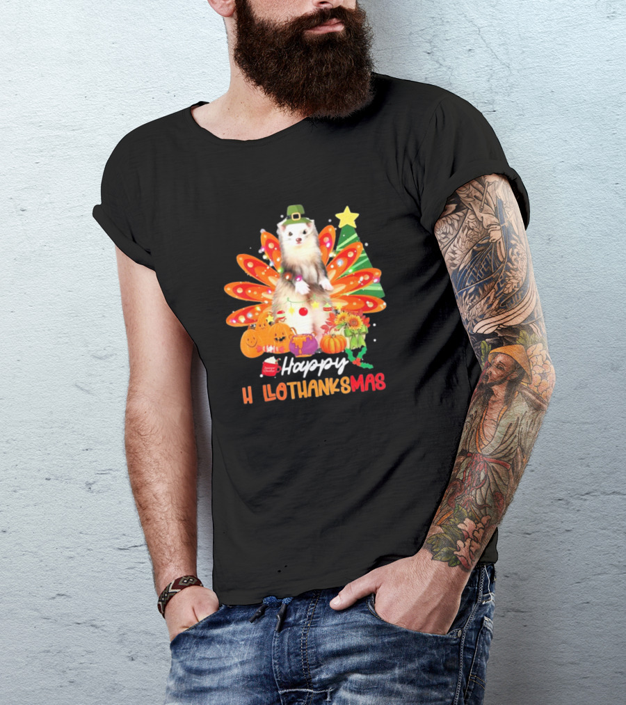 Ferret Happy Hallothanksmas Halloween Thanksgiving Christmas Holiday T-Shirt