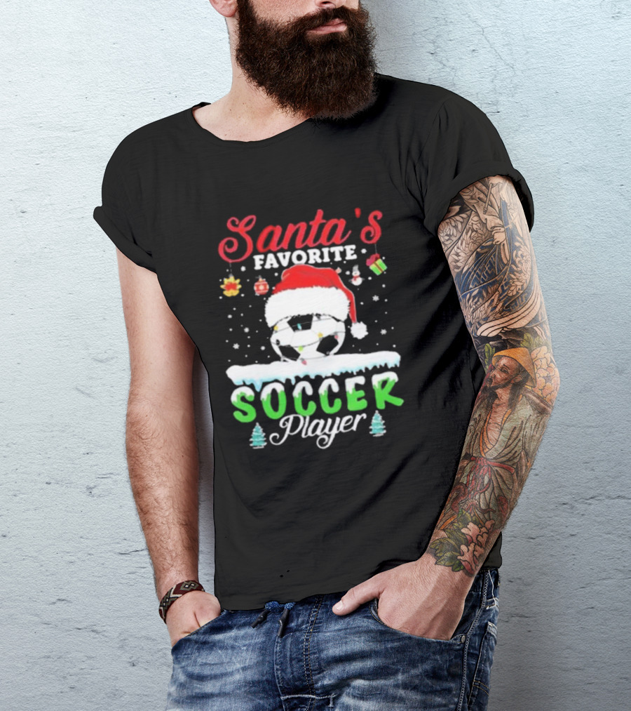 Santa's Favorite Soccer Player Christmas Football Soccer Ball Santa Hat Snowflakes T-Shirt