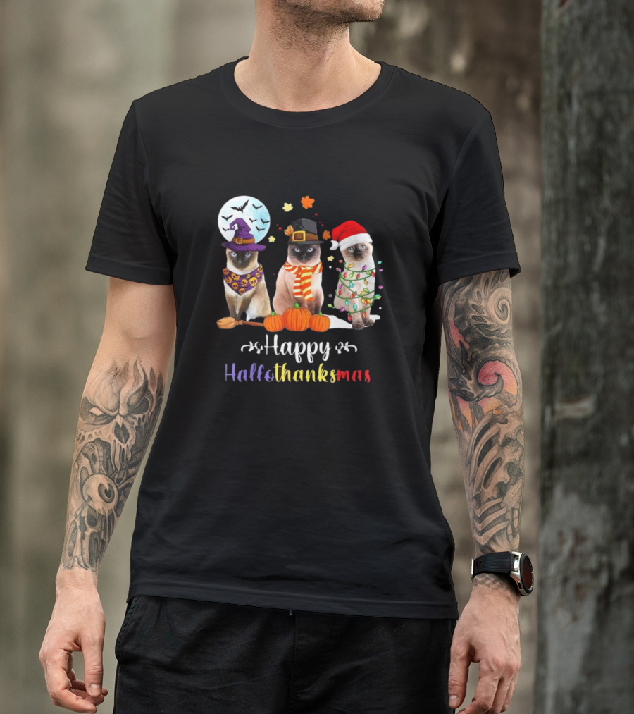 Happy Hallothanksmas Siamese Cat Halloween Christmas Kitten T-Shirt