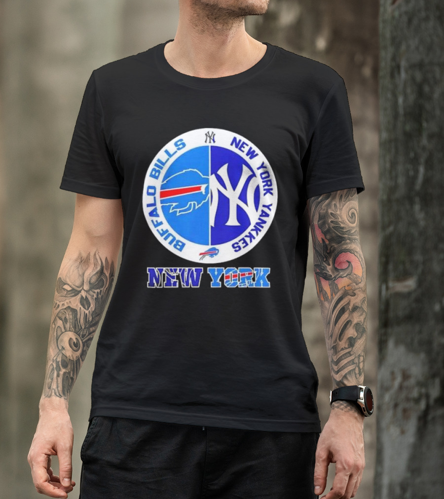 Buffalo Bills New York Yankees 2024 NY Iconic Crossover Circle Emblems T-Shirt