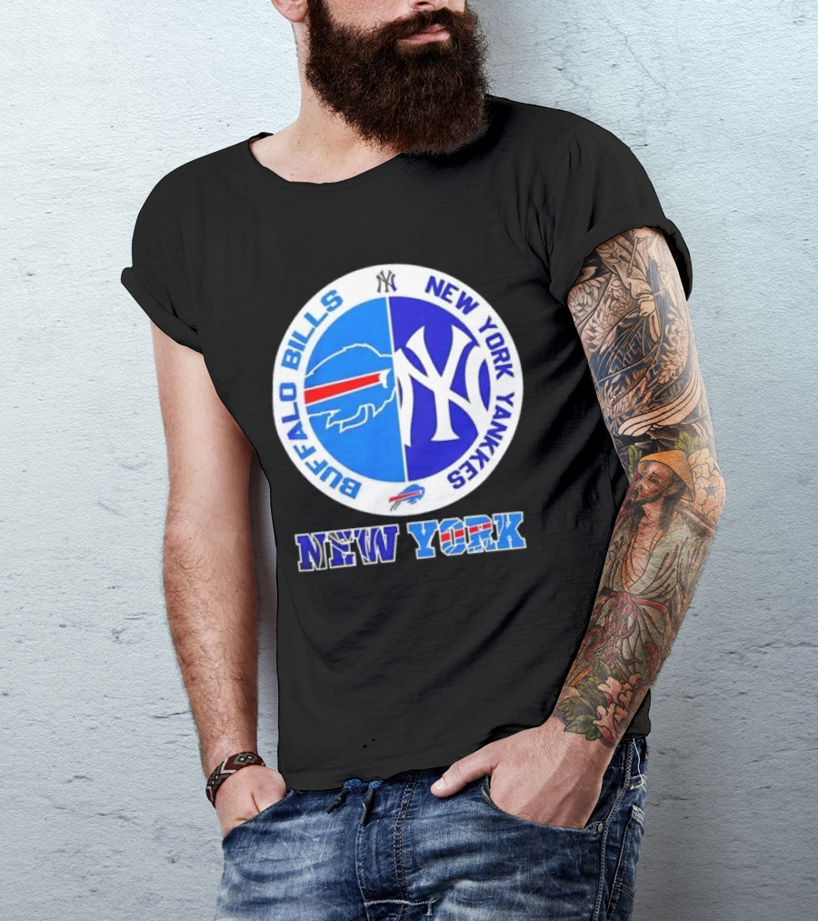 Buffalo Bills New York Yankees 2024 NY Iconic Crossover Circle Emblems T-Shirt