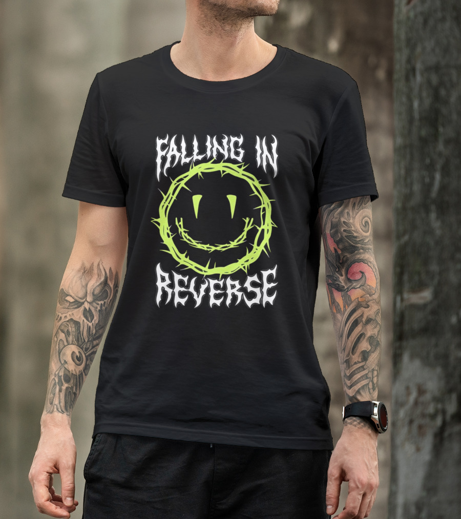 Falling In Reverse Smiley Face With Green Thorn Outline T-Shirt