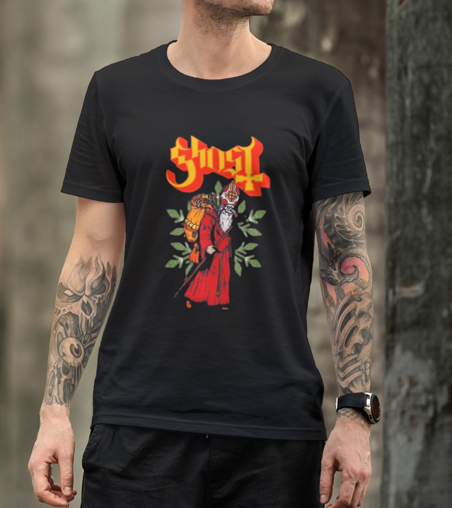 Ghost Papa Noel Glitter Leaf Santa Clausal Graphic Red Robe Relaxed Fit Girls T-Shirt