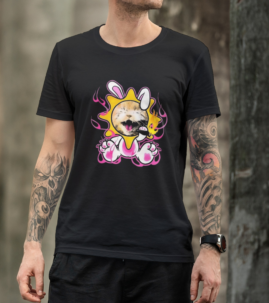 Praiseche Cat Sunburst Bunny Ears Pink Flames T-Shirt
