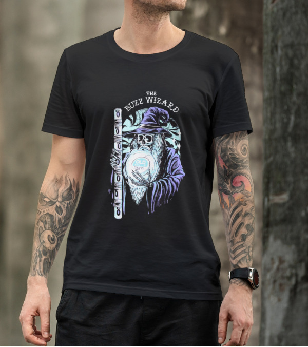 The Buzz Wizard Holding Old Row Branded Magic Orb And Staff T-Shirt